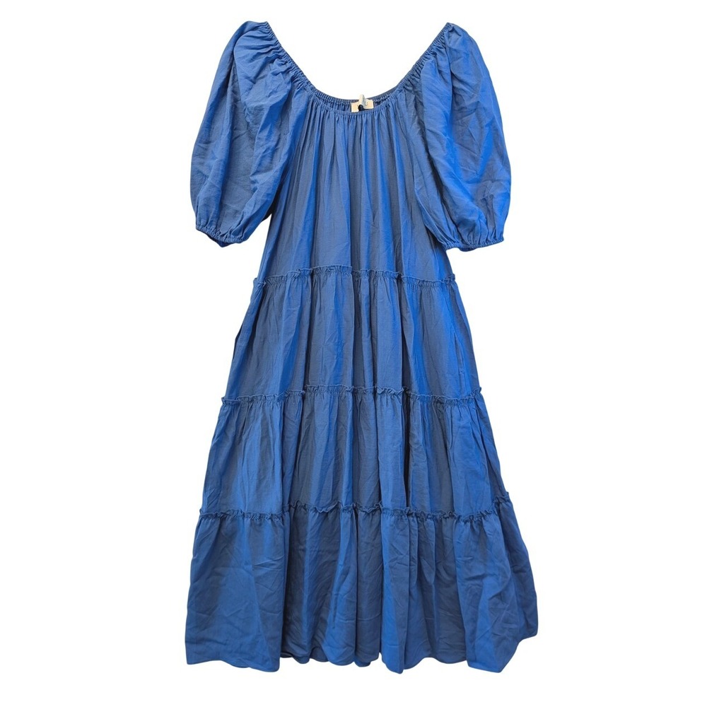 Buru Blue Tiered Puff Sleeve Midi Dress S/M Side Pockets Boho Relaxed Peasant